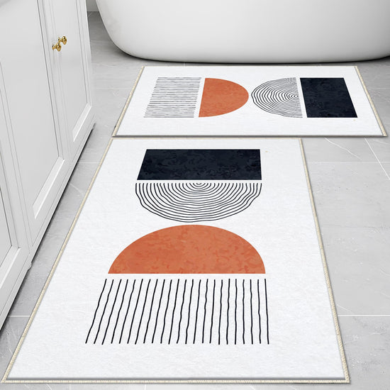 White Black Orange Minimal Geometric Bathroom Rug, Non Slip Quick Dry Bath Mat, Washable Soft Modern Toilet Mat