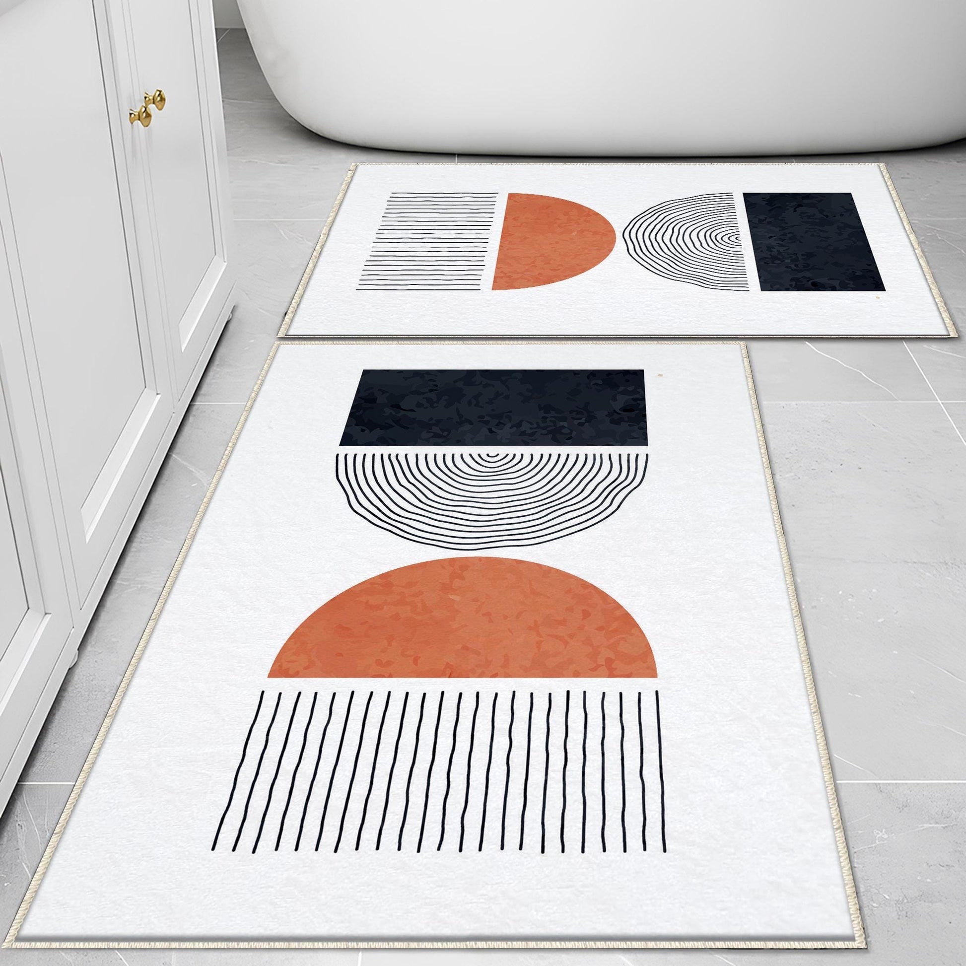 White Black Orange Minimal Geometric Bathroom Rug, Non Slip Quick Dry Bath Mat, Washable Soft Modern Toilet Mat