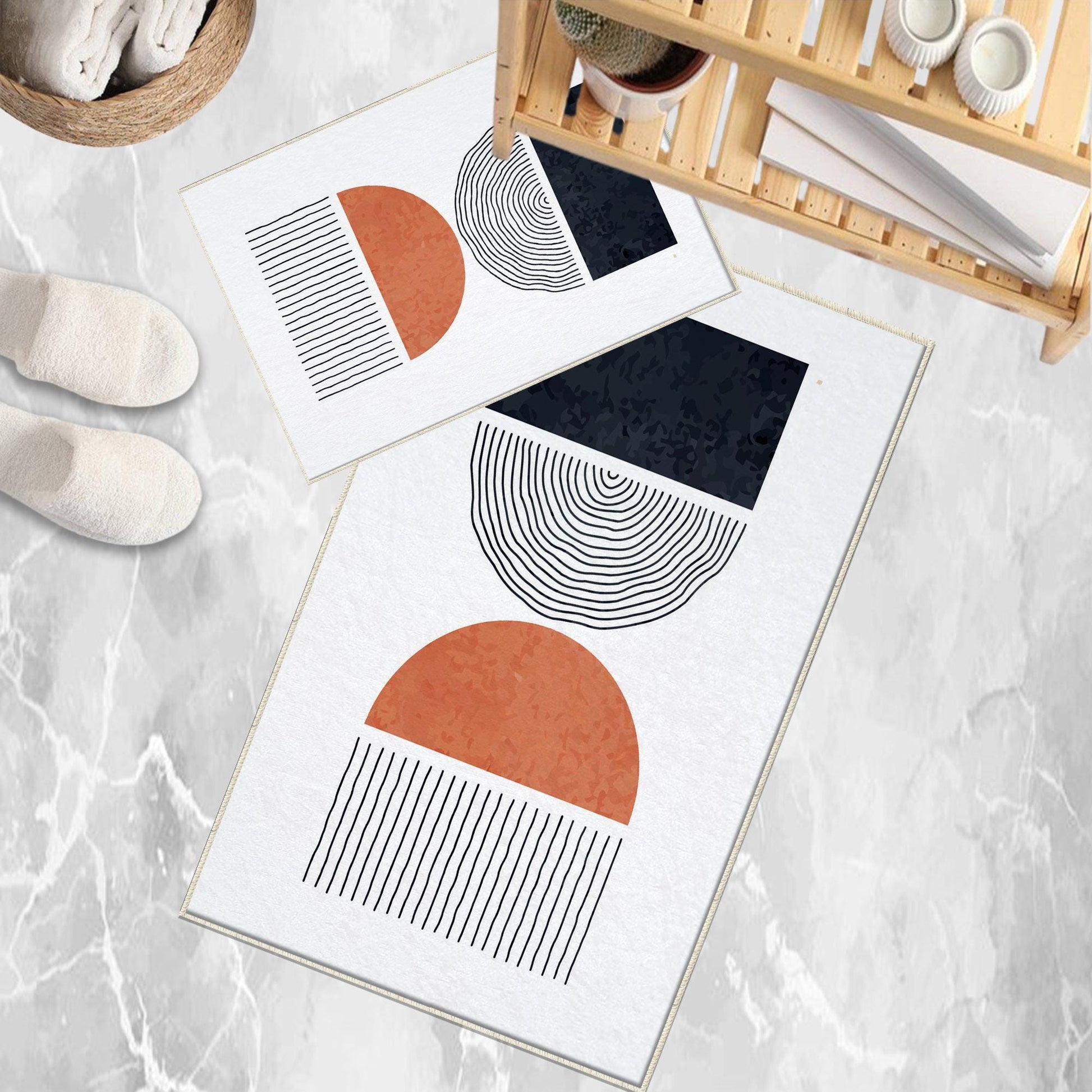 White Black Orange Minimal Geometric Bathroom Rug, Non Slip Quick Dry Bath Mat, Washable Soft Modern Toilet Mat