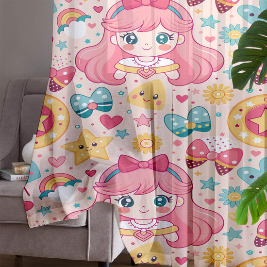 Sheer Cute Pink Princess Curtain for Girls Kids Room – Colorful Nursery Net Voile, Lightweight & Machine Washable - Matching Accessories