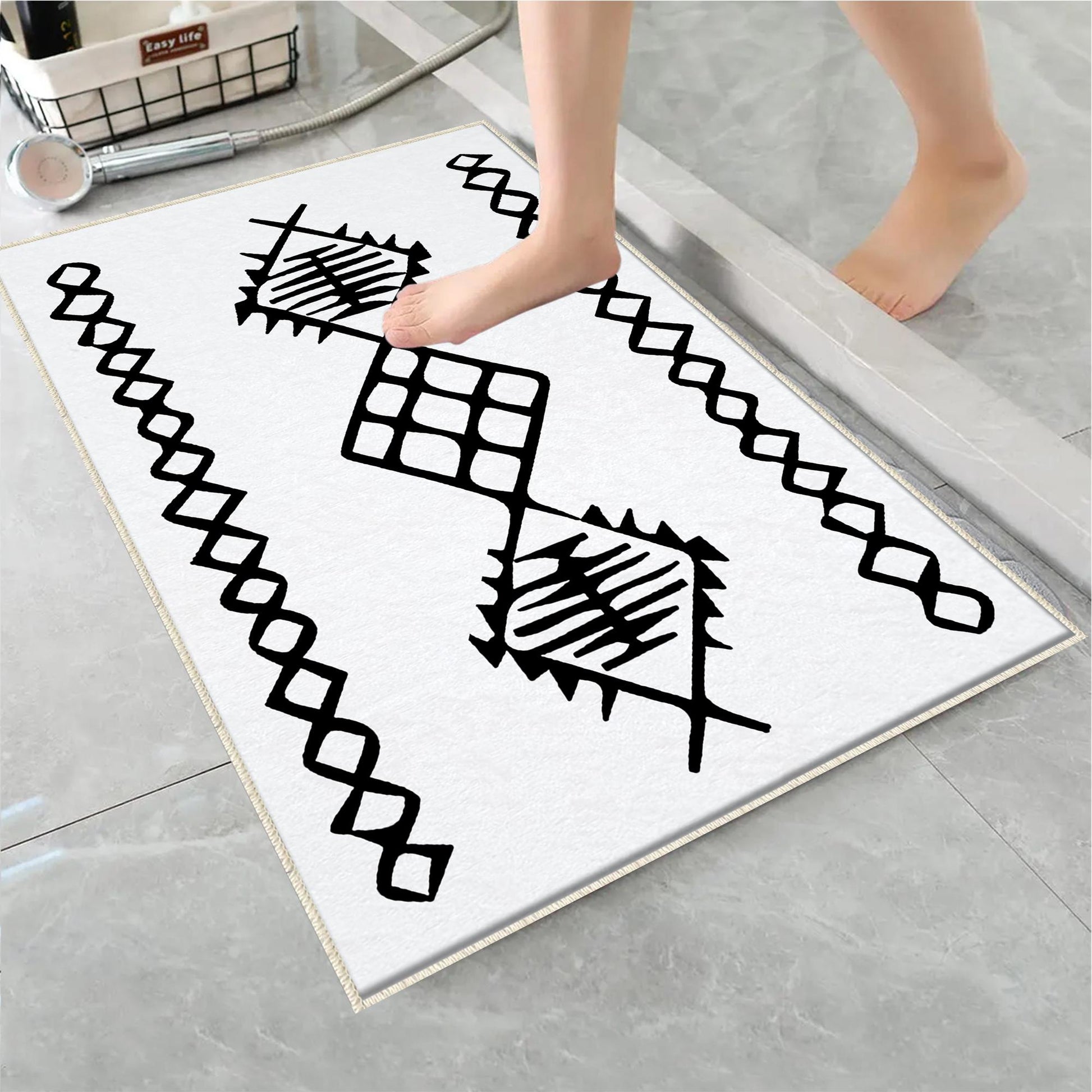Black White Aztec Tribal Boho Geometric Bathroom Rug, Non Slip Quick Dry Bath Mat, Washable Soft Modern Toilet Mat