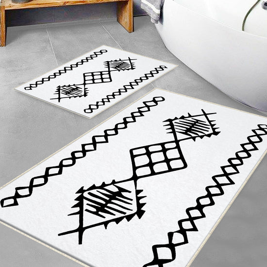 Black White Aztec Tribal Boho Geometric Bathroom Rug, Non Slip Quick Dry Bath Mat, Washable Soft Modern Toilet Mat