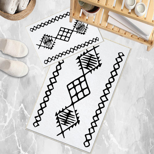 Black White Aztec Tribal Boho Geometric Bathroom Rug, Non Slip Quick Dry Bath Mat, Washable Soft Modern Toilet Mat
