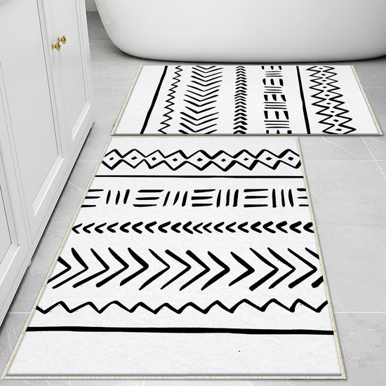 Black White Aztec Tribal Boho Geometric Bathroom Rug, Non Slip Quick Dry Bath Mat, Washable Soft Modern Toilet Mat