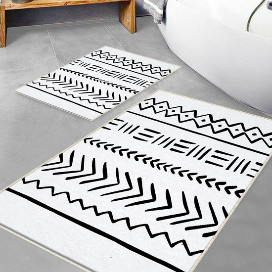 Black White Aztec Tribal Boho Geometric Bathroom Rug, Non Slip Quick Dry Bath Mat, Washable Soft Modern Toilet Mat