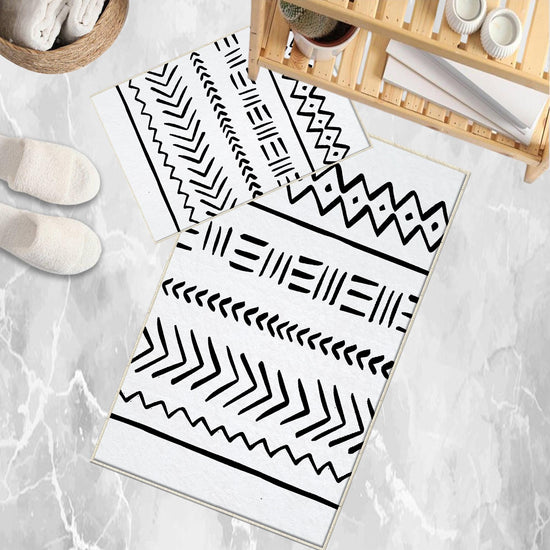 Black White Aztec Tribal Boho Geometric Bathroom Rug, Non Slip Quick Dry Bath Mat, Washable Soft Modern Toilet Mat