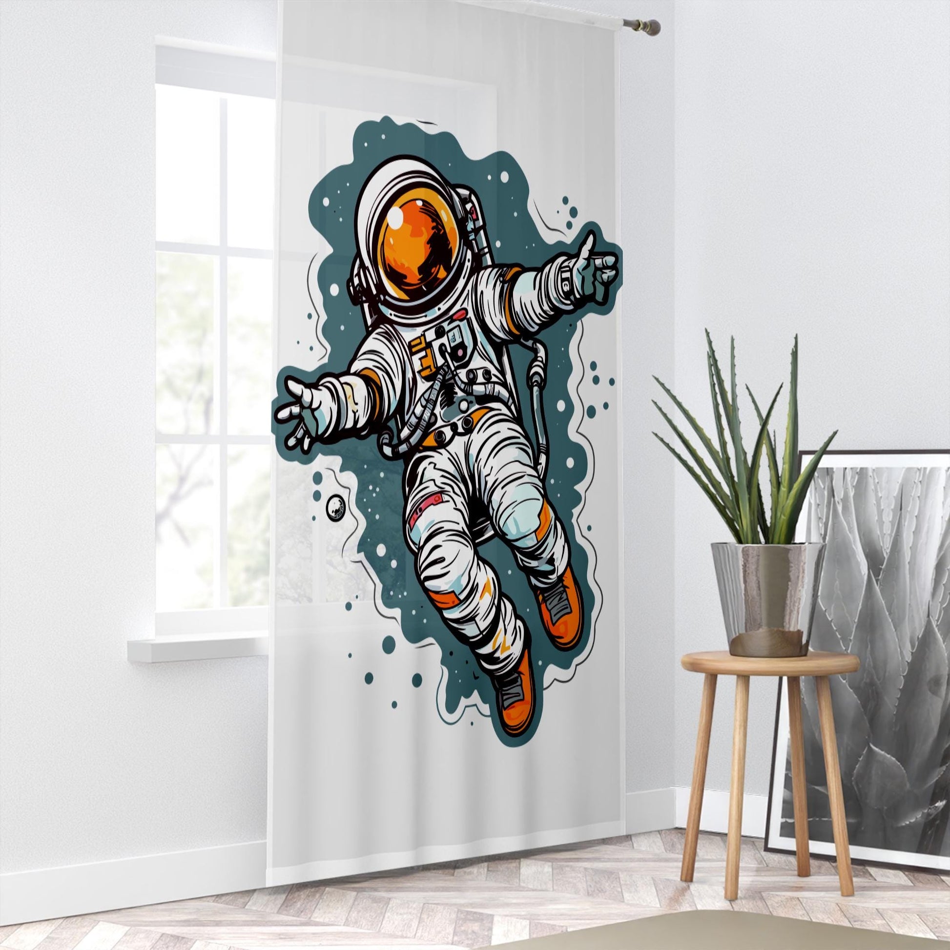 Astronaut Space Sheer Curtain for Kids Room –Boys Nursery Net Voile, Lightweight & Machine Washable - Matching Accessories