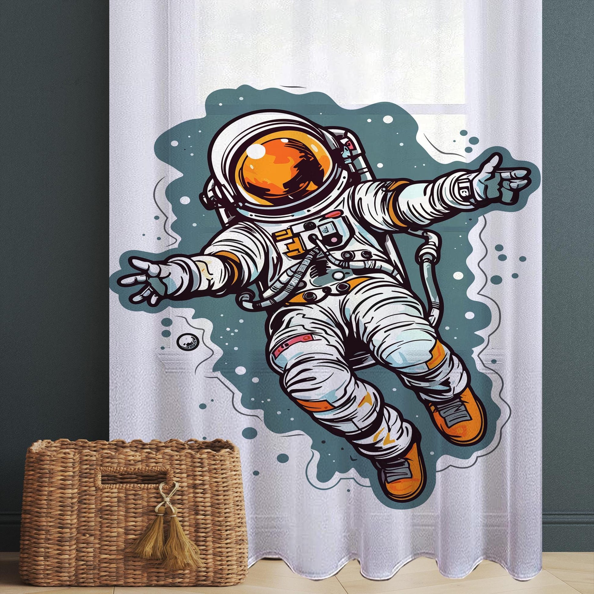 Astronaut Space Sheer Curtain for Kids Room –Boys Nursery Net Voile, Lightweight & Machine Washable - Matching Accessories