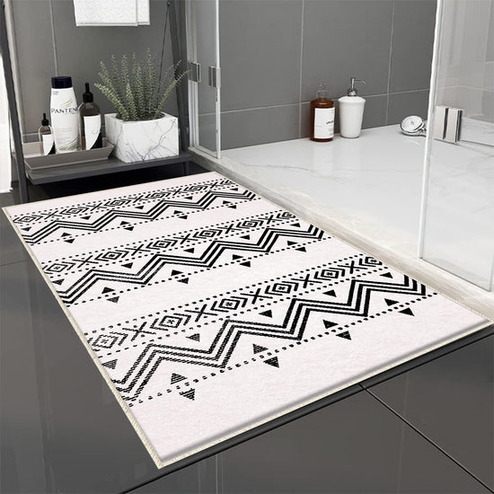 Black White Aztec Tribal Boho Geometric Bathroom Rug, Non Slip Quick Dry Bath Mat, Washable Soft Modern Toilet Mat