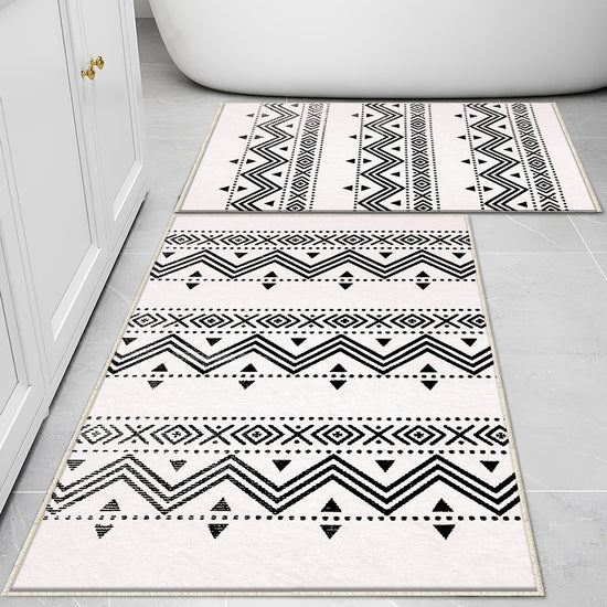 Black White Aztec Tribal Boho Geometric Bathroom Rug, Non Slip Quick Dry Bath Mat, Washable Soft Modern Toilet Mat