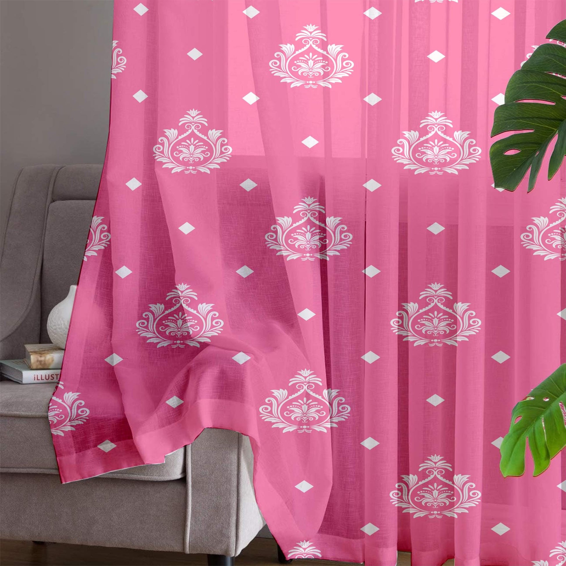 Pink White Damask Sheer Curtain for Kids Room –Girls Nursery Net Voile, Lightweight & Machine Washable - Matching Accessories