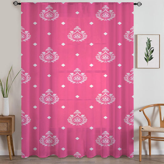 Pink White Damask Sheer Curtain for Kids Room –Girls Nursery Net Voile, Lightweight & Machine Washable - Matching Accessories