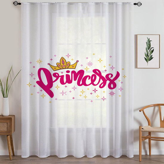 Pink White Princess Writen Sheer Curtain for Kids Room –Girls Nursery Net Voile, Lightweight & Machine Washable - Matching Accessories