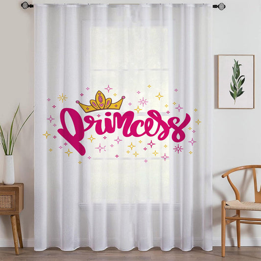 Pink White Princess Writen Sheer Curtain for Kids Room –Girls Nursery Net Voile, Lightweight & Machine Washable - Matching Accessories