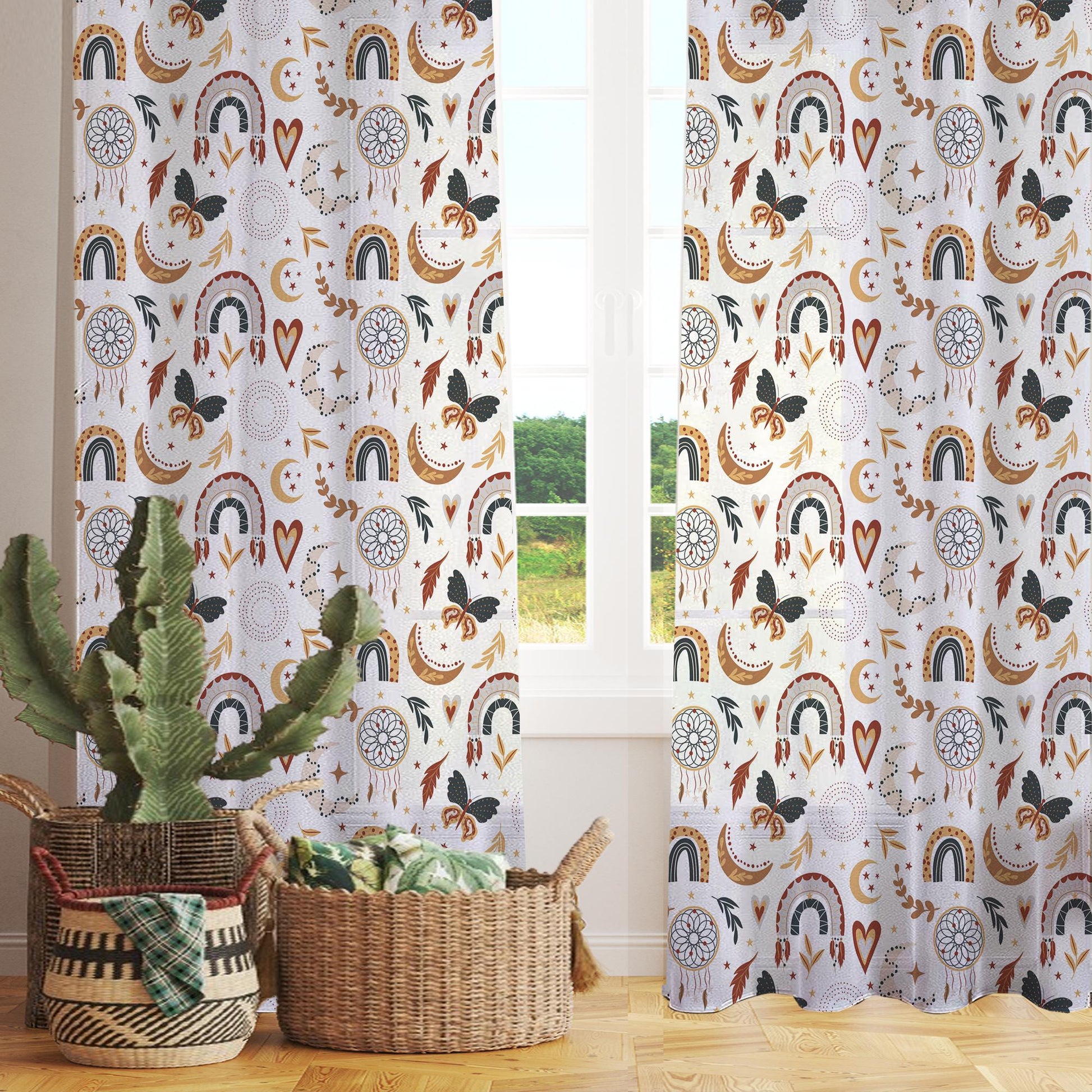 Bohemian Rainbow Hearts Sheer Curtain for Kids Room –Baby Nursery Net Voile, Lightweight & Machine Washable - Matching Accessories