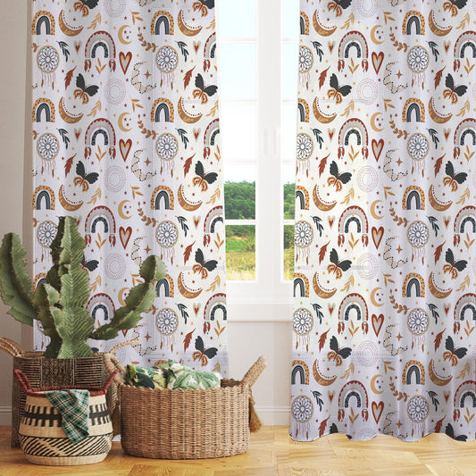 Bohemian Rainbow Hearts Sheer Curtain for Kids Room –Baby Nursery Net Voile, Lightweight & Machine Washable - Matching Accessories
