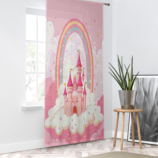 Pink Princess Castle Sheer Curtain for Girls Room, Lightweight Pink Nursery Net Voile, Kids Room Window Drapes, Machine Washable