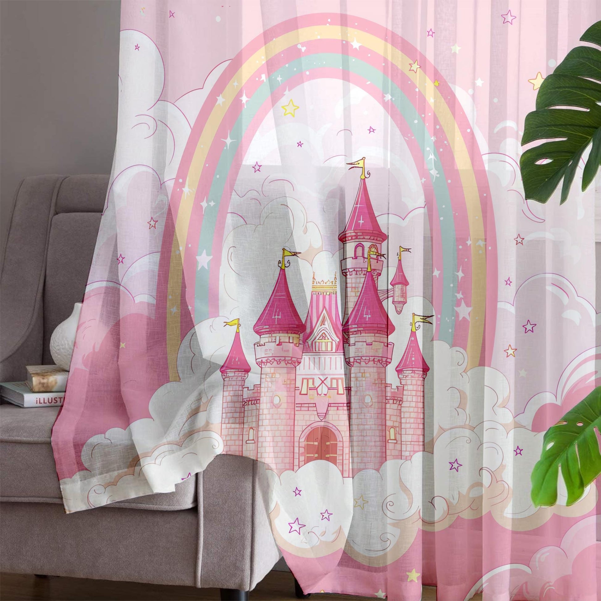 Pink Princess Castle Sheer Curtain for Girls Room, Lightweight Pink Nursery Net Voile, Kids Room Window Drapes, Machine Washable