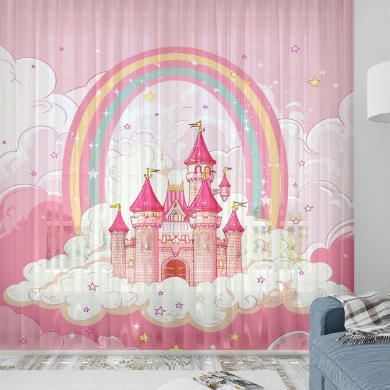 Pink Princess Castle Sheer Curtain for Girls Room, Lightweight Pink Nursery Net Voile, Kids Room Window Drapes, Machine Washable