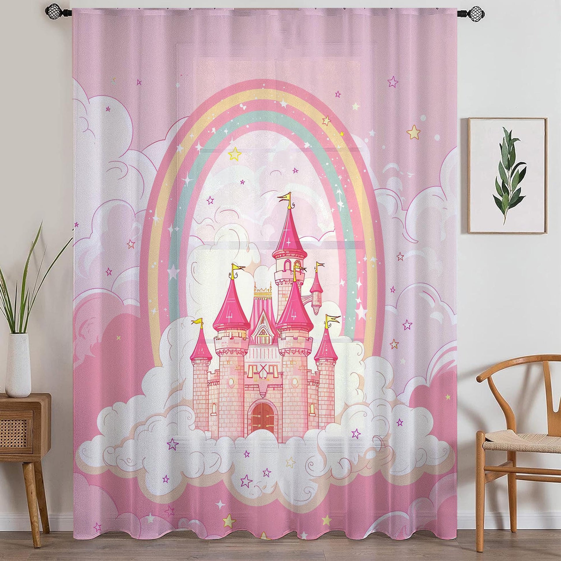 Pink Princess Castle Sheer Curtain for Girls Room, Lightweight Pink Nursery Net Voile, Kids Room Window Drapes, Machine Washable