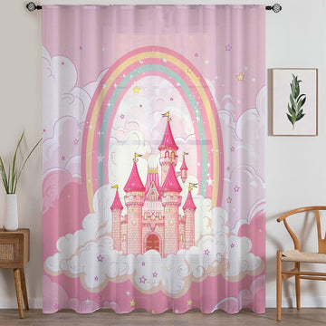 Pink Princess Castle Sheer Curtain for Girls Room, Lightweight Pink Nursery Net Voile, Kids Room Window Drapes, Machine Washable