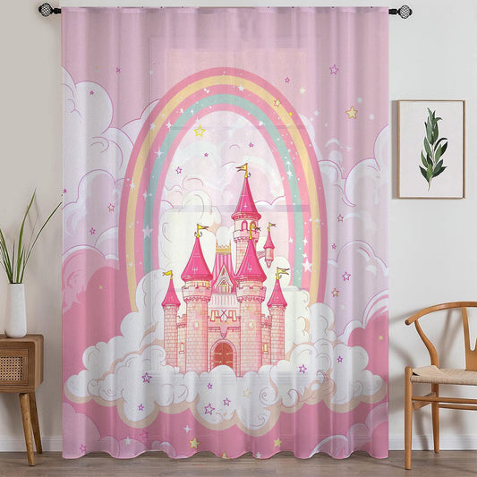 Pink Princess Castle Sheer Curtain for Girls Room, Lightweight Pink Nursery Net Voile, Kids Room Window Drapes, Machine Washable