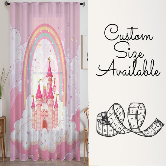 Pink Princess Castle Sheer Curtain for Girls Room, Lightweight Pink Nursery Net Voile, Kids Room Window Drapes, Machine Washable