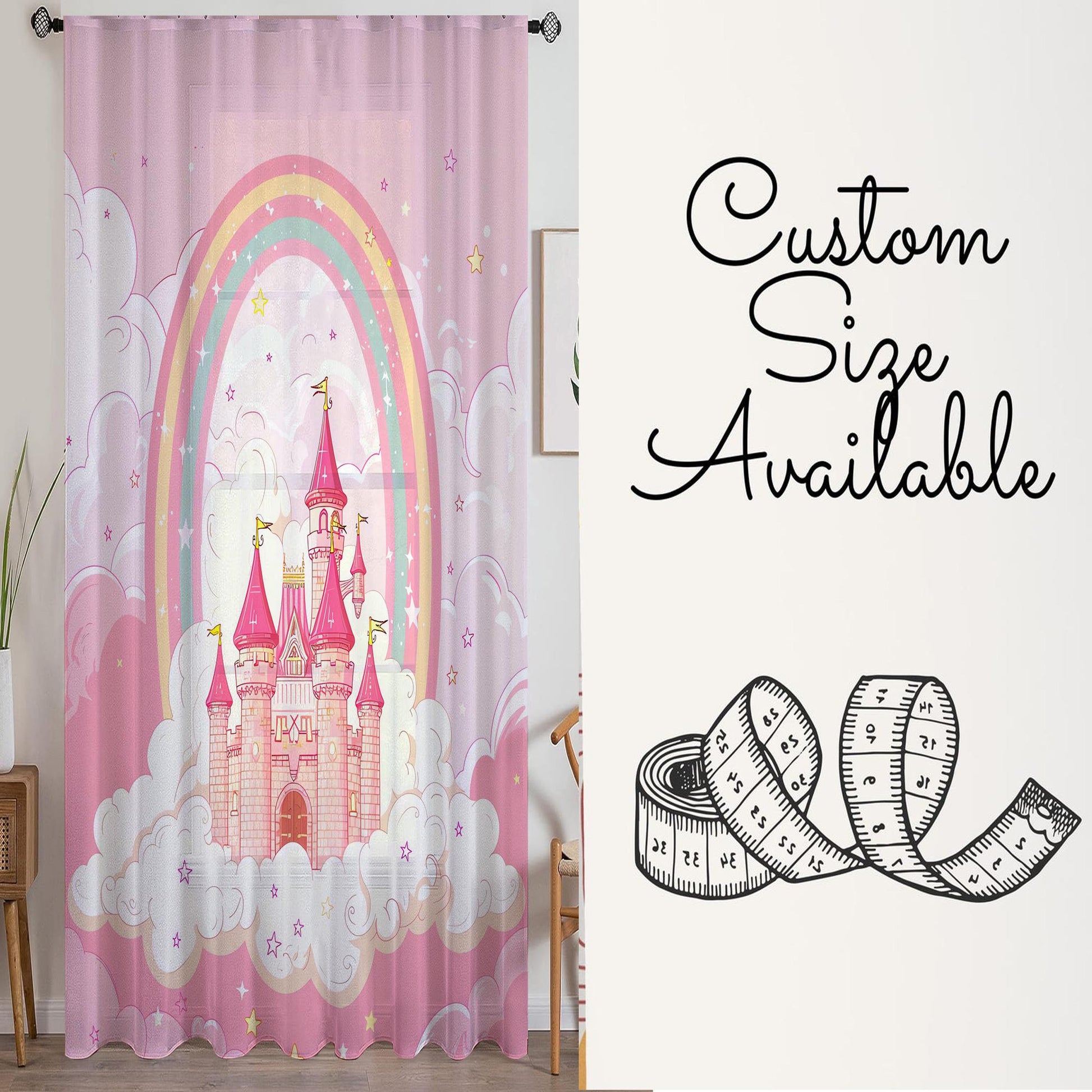 Pink Princess Castle Sheer Curtain for Girls Room, Lightweight Pink Nursery Net Voile, Kids Room Window Drapes, Machine Washable