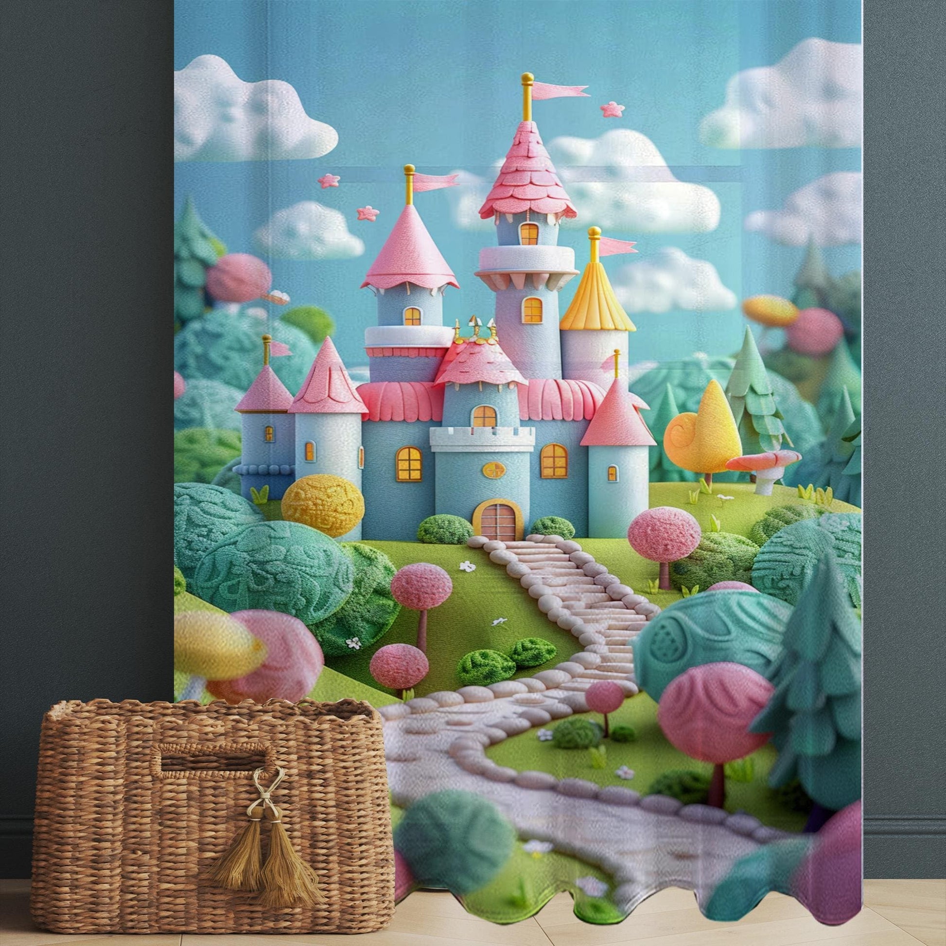 Colorful Castle Sheer Curtain for Girls Room, Lightweight Candy Town Nursery Net Voile, Kids Room Window Drapes, Machine Washable