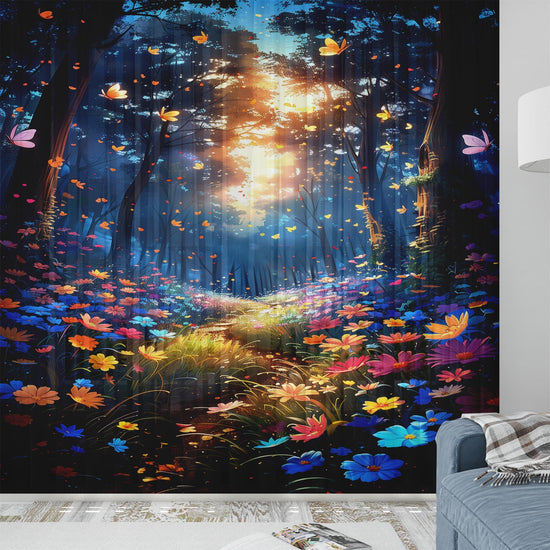 Colorful Flowers Woodland Path Sheer Curtain for Girls Room, Lightweight Floral Nursery Net Voile, Kids Room Window Drapes, Machine Washable