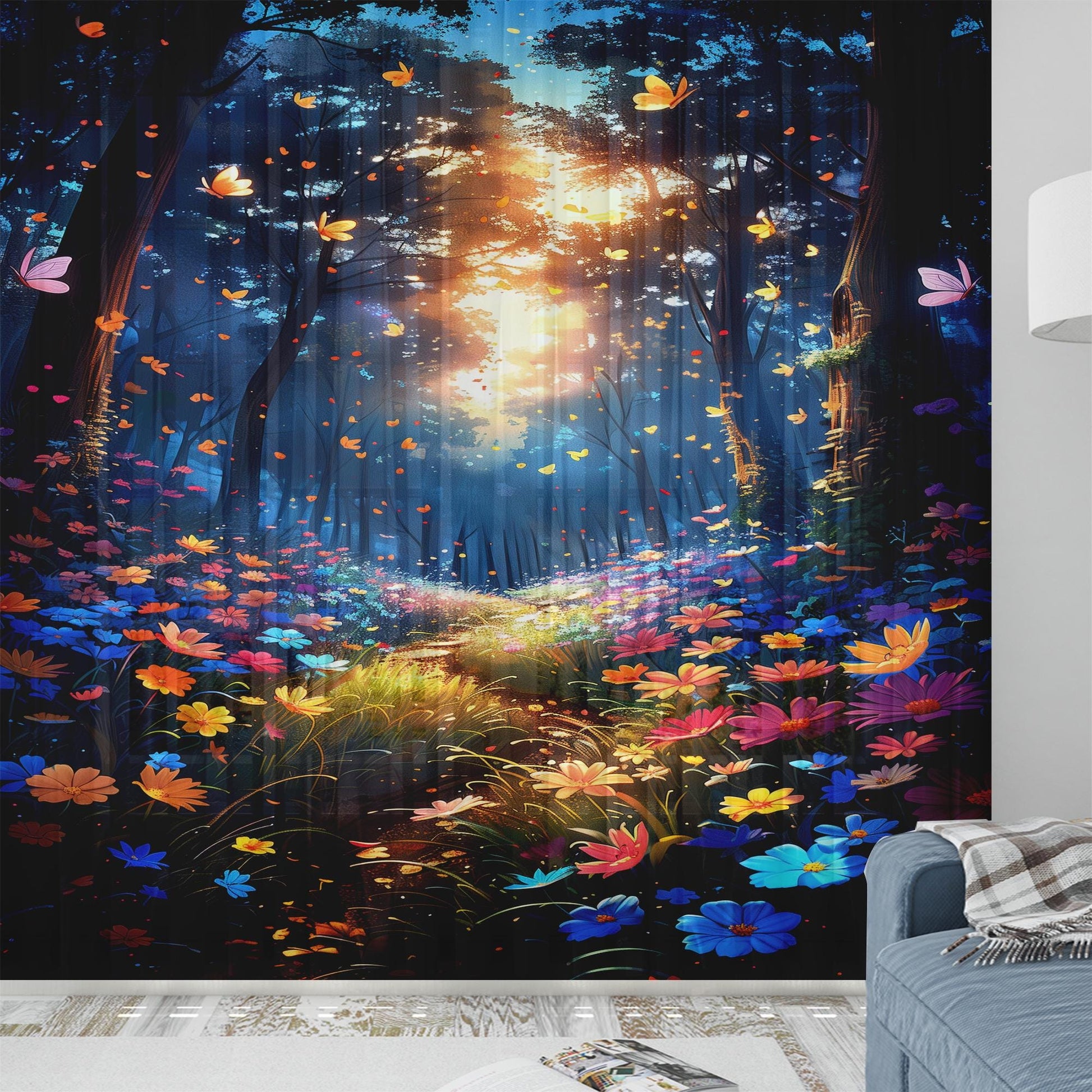 Colorful Flowers Woodland Path Sheer Curtain for Girls Room, Lightweight Floral Nursery Net Voile, Kids Room Window Drapes, Machine Washable