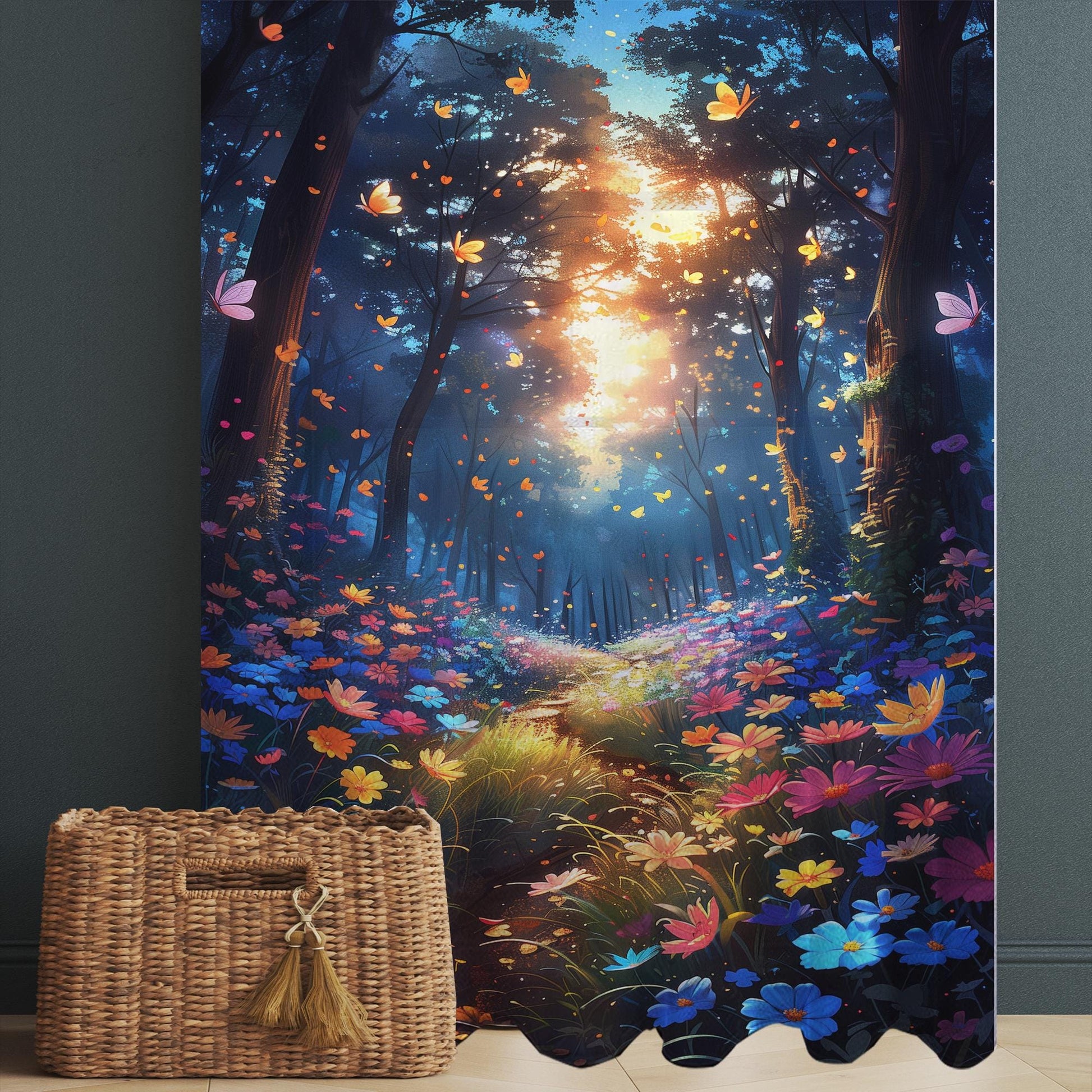 Colorful Flowers Woodland Path Sheer Curtain for Girls Room, Lightweight Floral Nursery Net Voile, Kids Room Window Drapes, Machine Washable