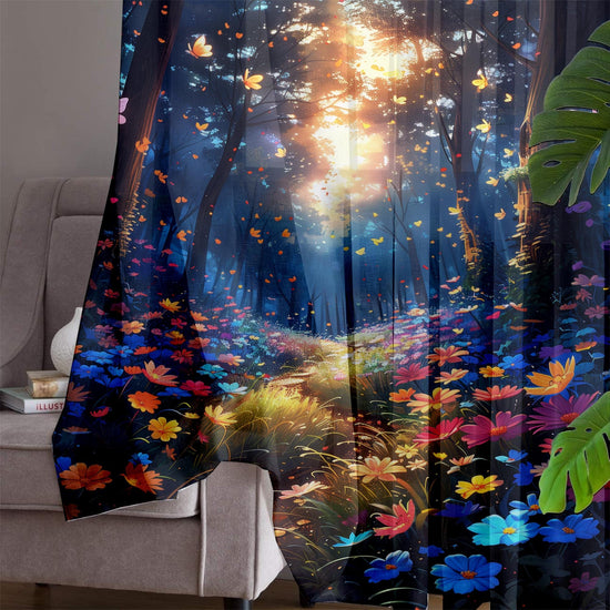 Colorful Flowers Woodland Path Sheer Curtain for Girls Room, Lightweight Floral Nursery Net Voile, Kids Room Window Drapes, Machine Washable