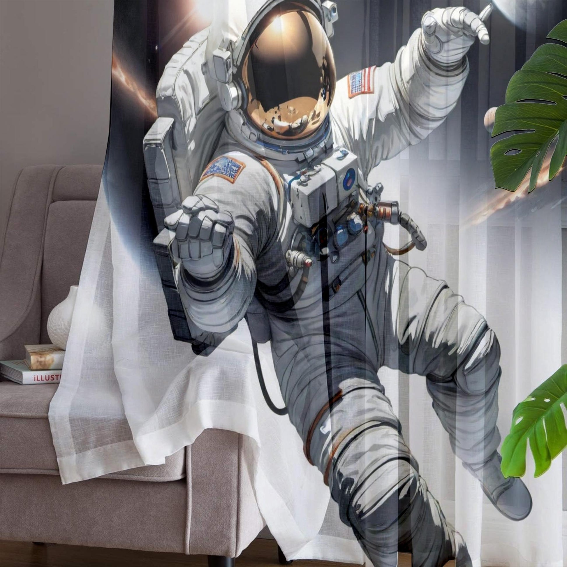 Astronaut Space Sheer Curtain for Girls Room, Lightweight Spaceman Nursery Net Voile, Kids Room Window Drapes, Machine Washable