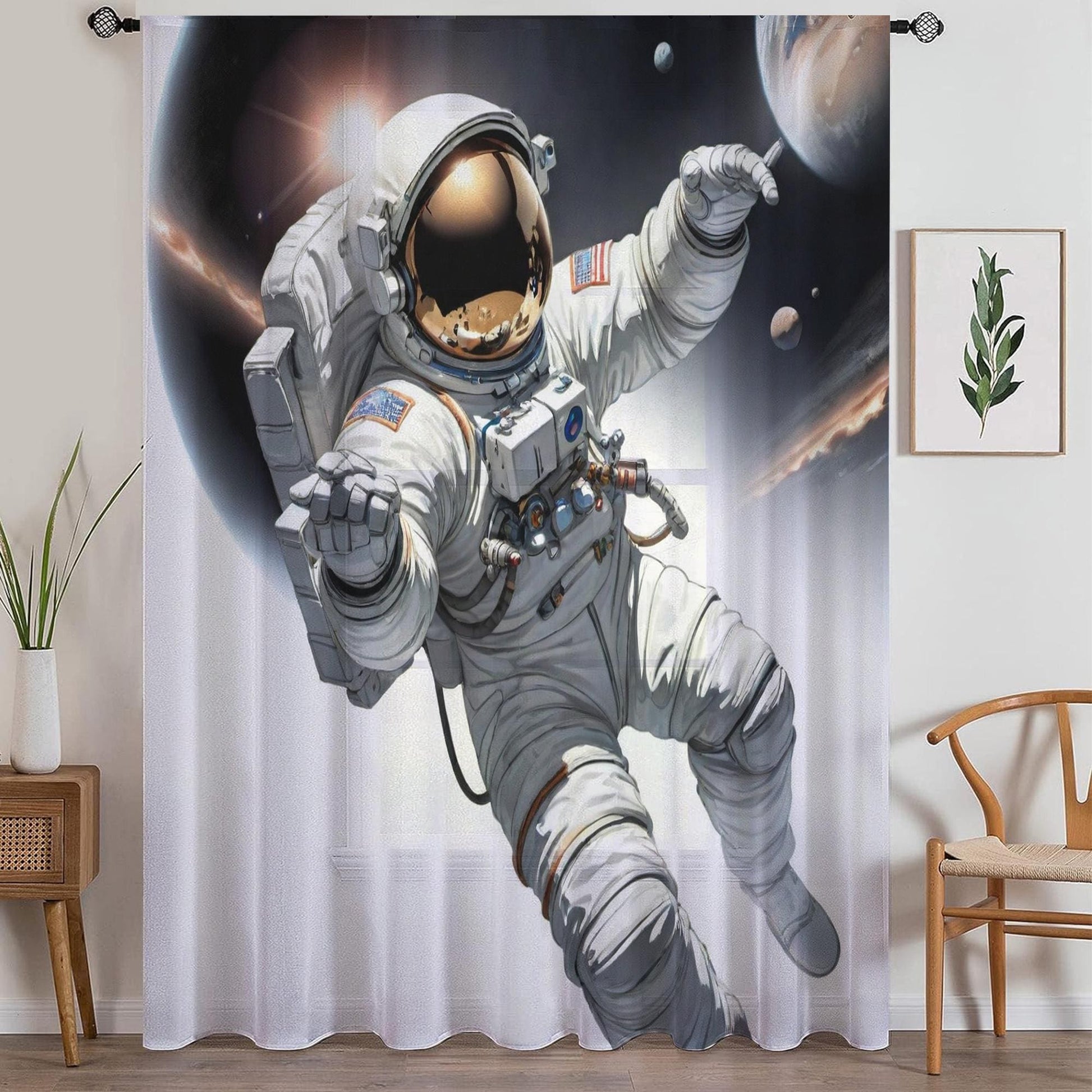 Astronaut Space Sheer Curtain for Girls Room, Lightweight Spaceman Nursery Net Voile, Kids Room Window Drapes, Machine Washable