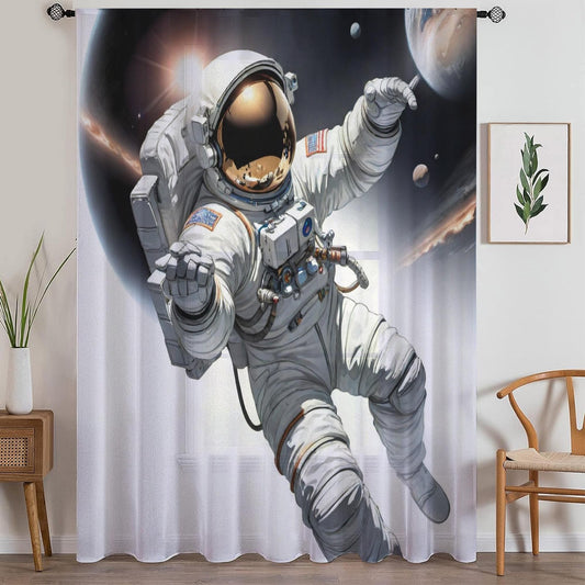 Astronaut Space Sheer Curtain for Girls Room, Lightweight Spaceman Nursery Net Voile, Kids Room Window Drapes, Machine Washable