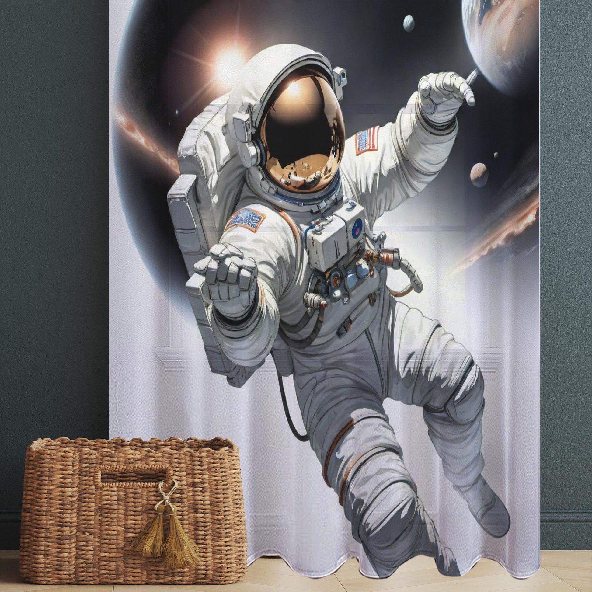Astronaut Space Sheer Curtain for Girls Room, Lightweight Spaceman Nursery Net Voile, Kids Room Window Drapes, Machine Washable