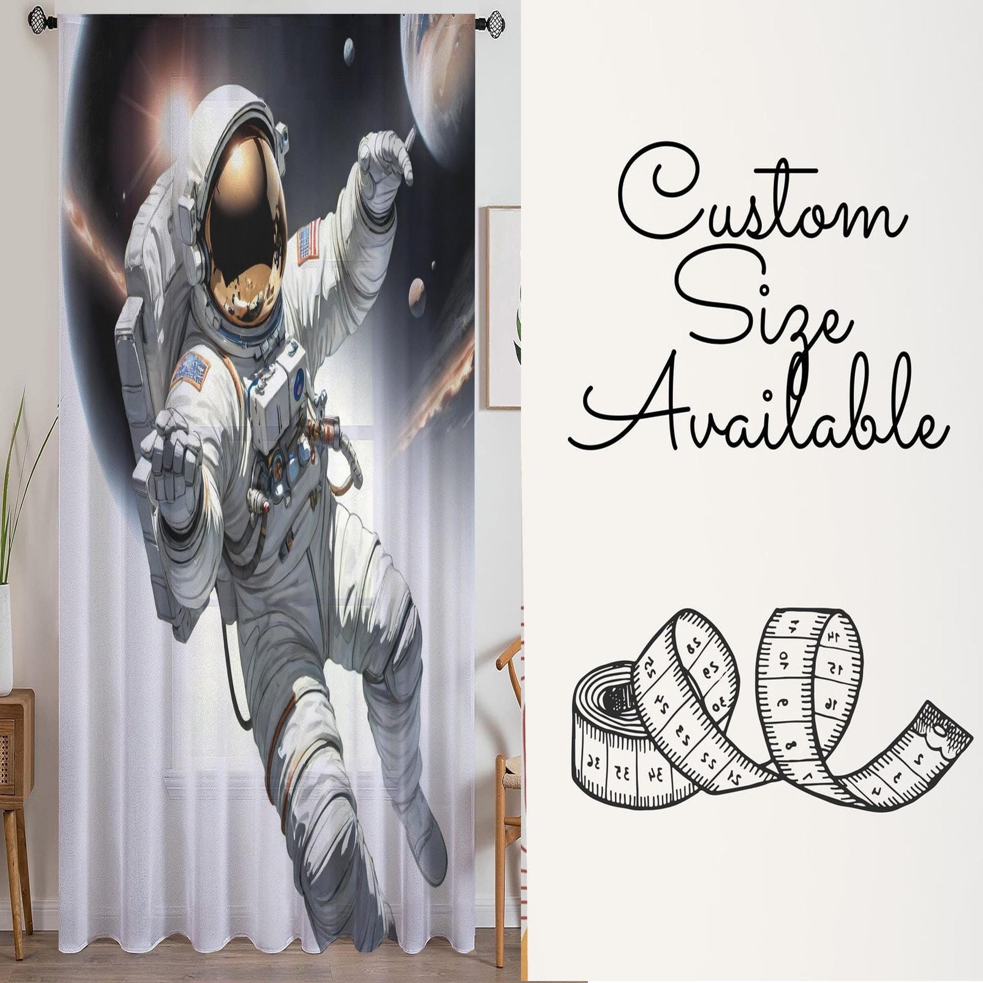 Astronaut Space Sheer Curtain for Girls Room, Lightweight Spaceman Nursery Net Voile, Kids Room Window Drapes, Machine Washable