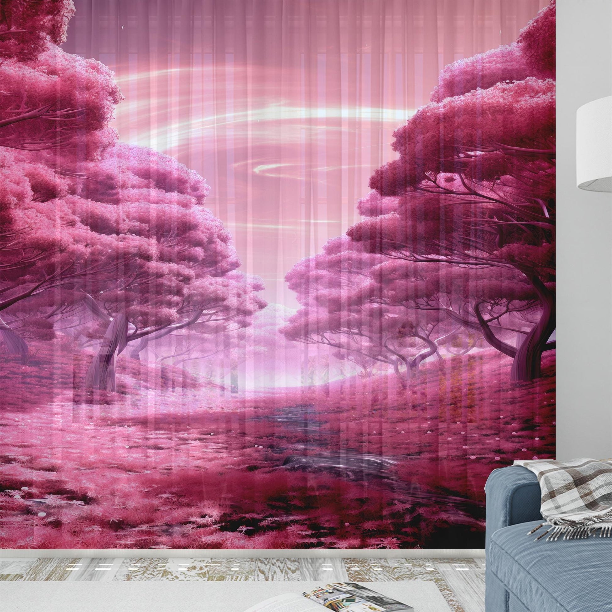Pink Trees Forest Path Sheer Curtain for Girls Room, Lightweight Floral Nursery Net Voile, Kids Room Window Drapes, Machine Washable