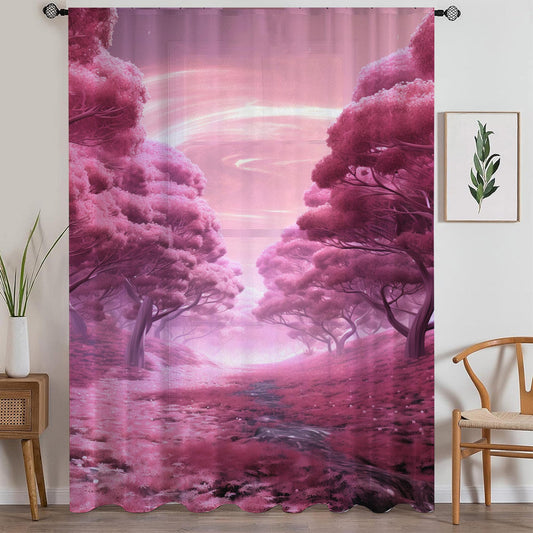 Pink Trees Forest Path Sheer Curtain for Girls Room, Lightweight Floral Nursery Net Voile, Kids Room Window Drapes, Machine Washable
