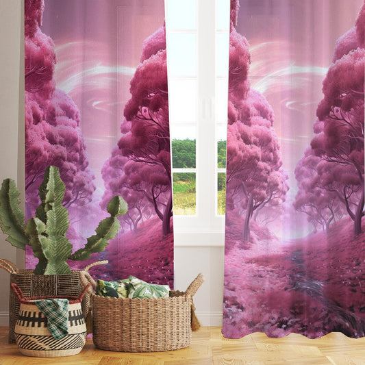 Pink Trees Forest Path Sheer Curtain for Girls Room, Lightweight Floral Nursery Net Voile, Kids Room Window Drapes, Machine Washable