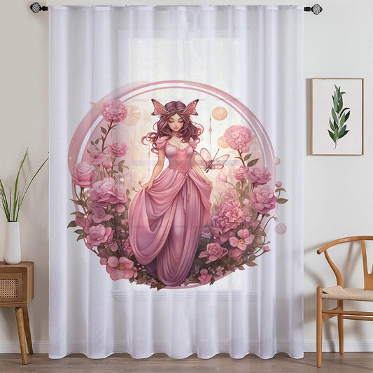 Fairy Princess Flowers Pink Sheer Curtain for Girls Room, Lightweight Floral Nursery Net Voile, Kids Room Window Drapes, Machine Washable