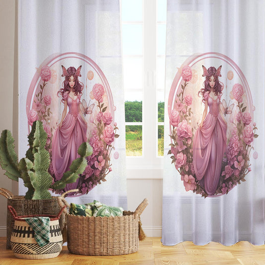 Fairy Princess Flowers Pink Sheer Curtain for Girls Room, Lightweight Floral Nursery Net Voile, Kids Room Window Drapes, Machine Washable