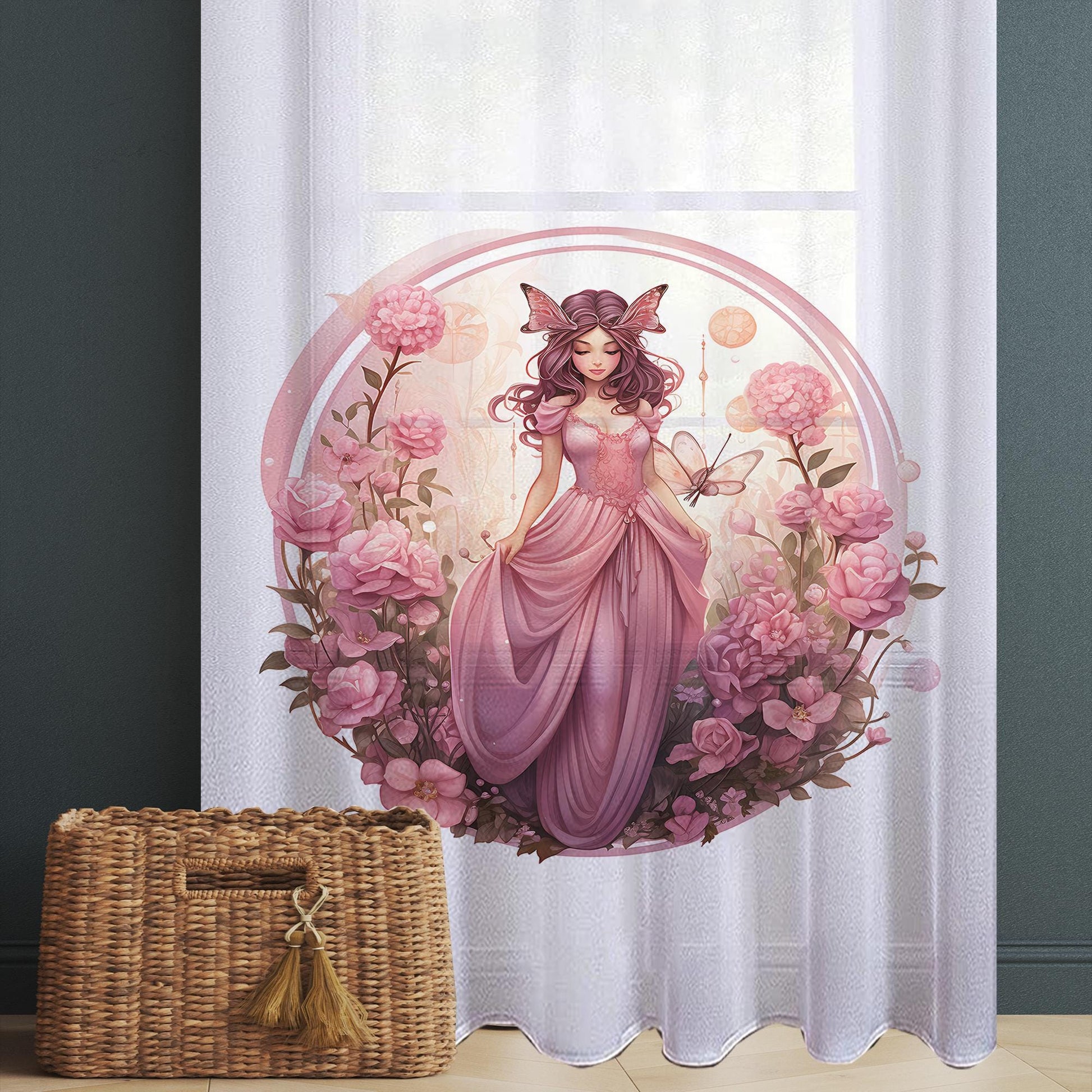 Fairy Princess Flowers Pink Sheer Curtain for Girls Room, Lightweight Floral Nursery Net Voile, Kids Room Window Drapes, Machine Washable