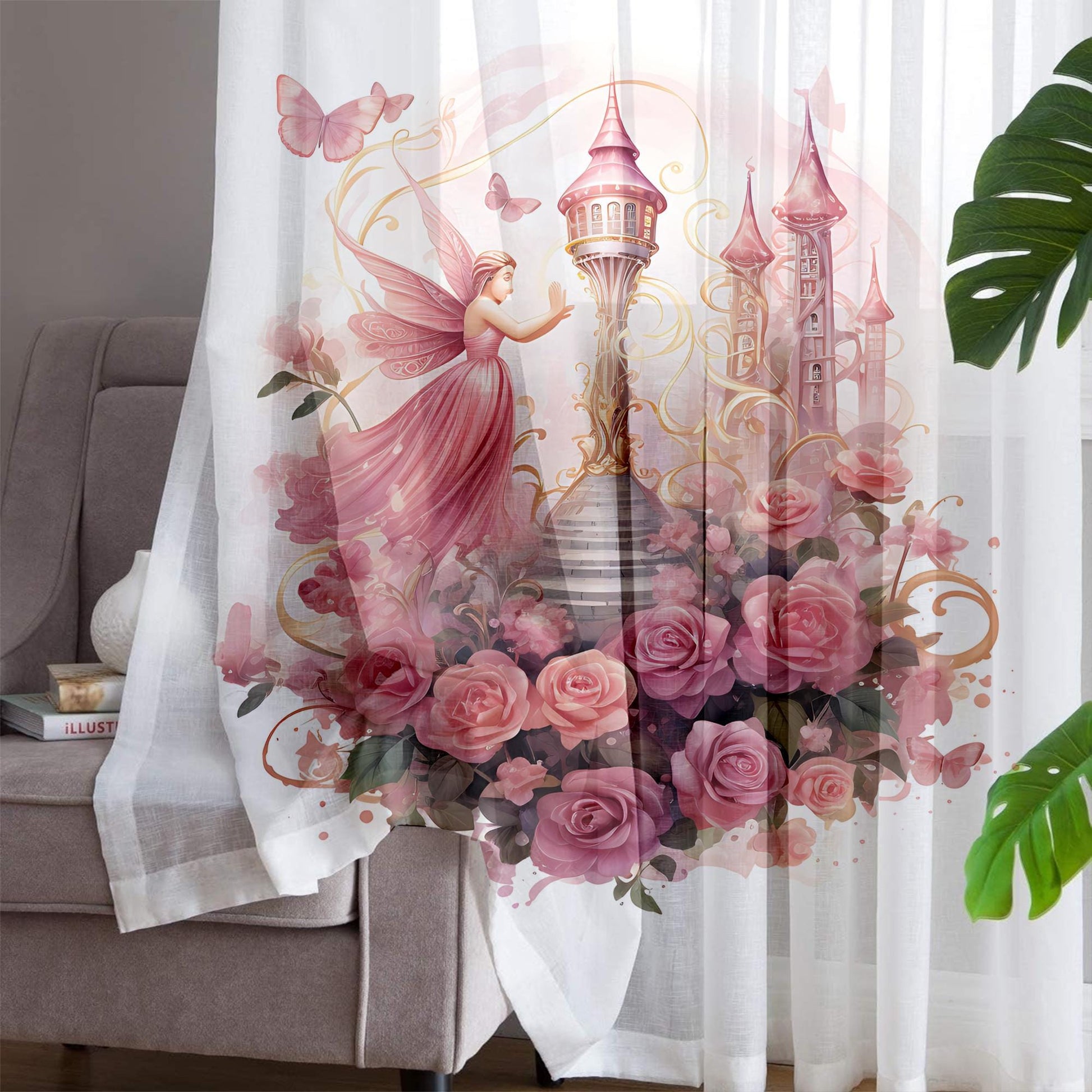 Fairy Princess Floral Pink Sheer Curtain for Girls Room, Lightweight Flowers Nursery Net Voile, Kids Room Window Drapes, Machine Washable