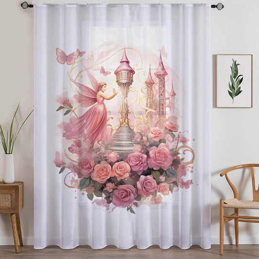 Fairy Princess Floral Pink Sheer Curtain for Girls Room, Lightweight Flowers Nursery Net Voile, Kids Room Window Drapes, Machine Washable