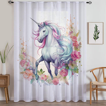 Unicorn Curtains Flower Sheer Curtain for Girls Room, Lightweight Animal Floral Nursery Net Voile, Kids Room Window Drapes, Machine Washable