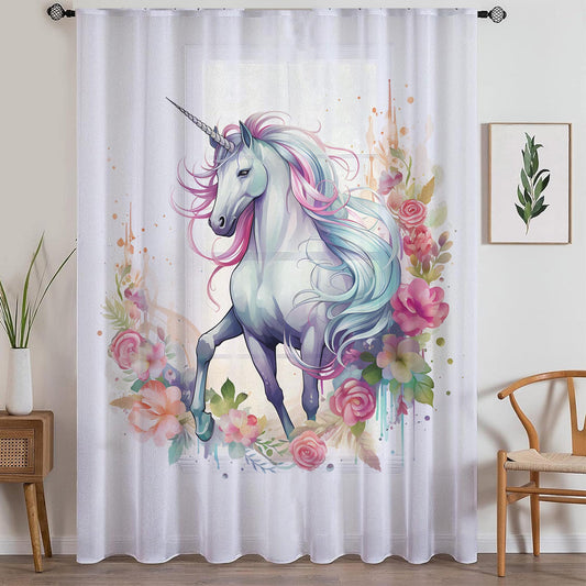 Unicorn Curtains Flower Sheer Curtain for Girls Room, Lightweight Animal Floral Nursery Net Voile, Kids Room Window Drapes, Machine Washable