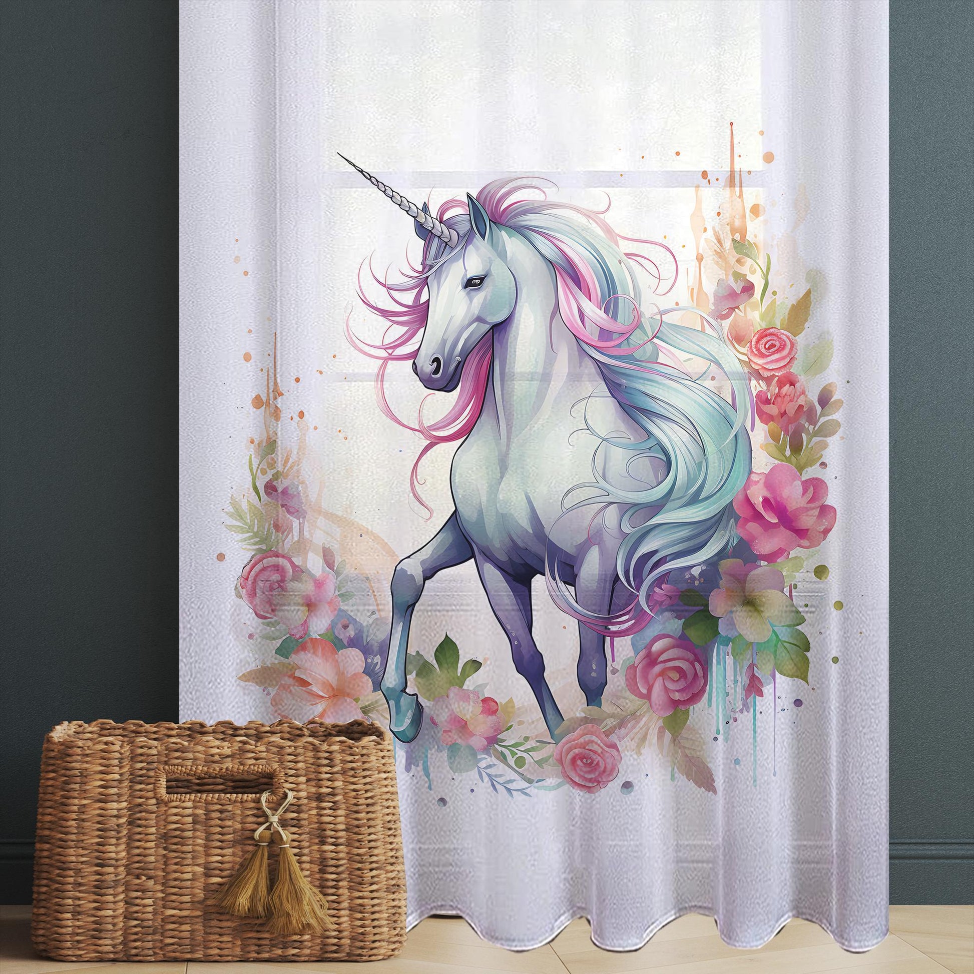 Unicorn Curtains Flower Sheer Curtain for Girls Room, Lightweight Animal Floral Nursery Net Voile, Kids Room Window Drapes, Machine Washable