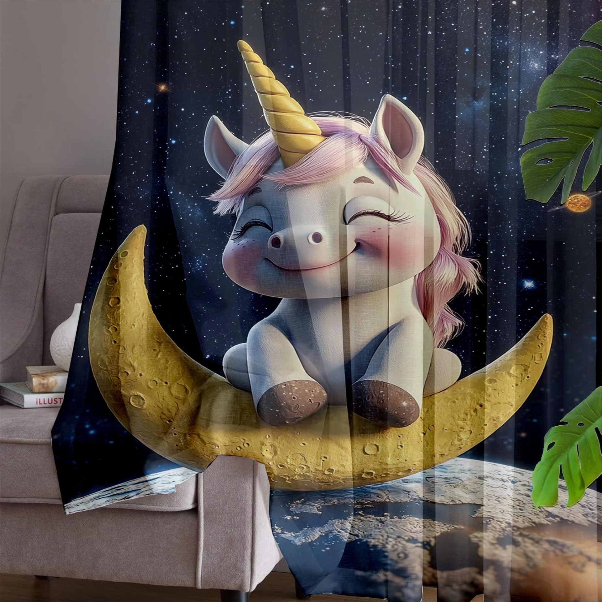 Unicorn Horse Flowers Sheer Curtain for Girls Room, Lightweight Animal Floral Nursery Net Voile, Kids Room Window Drapes, Machine Washable